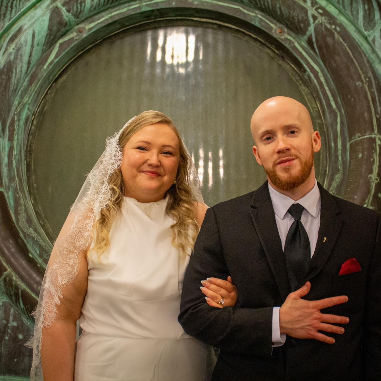 The Kansas State Capitol's copper dome was replaced during a 2012-2014 renovation after naturally turning green over time. In this photo, we're standing in front of a piece of the old dome.