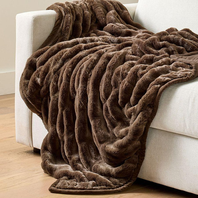 Faux Fur Ruched Throw, Mocha, 60" x 80"