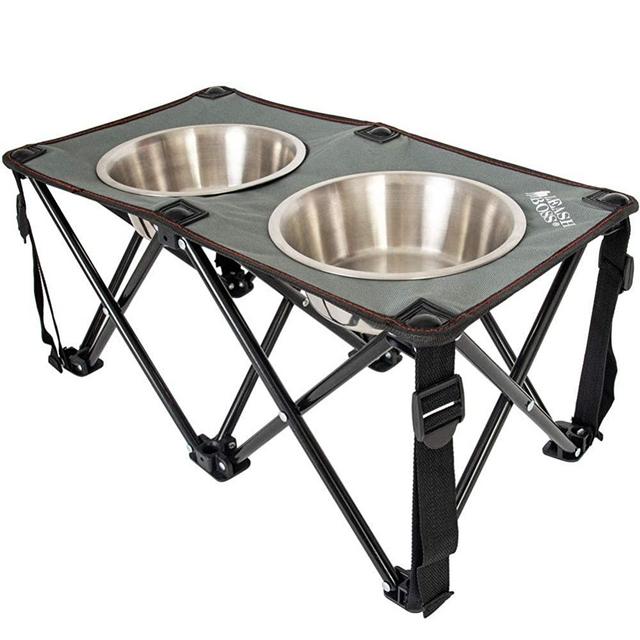 Leashboss Camping Feeder Outdoor Elevated Dog Bowls, 10.5” Travel Raised Dog Feeder for Medium and Large Dogs, Includes Two Stainless Steel Bowls (2 Quart)