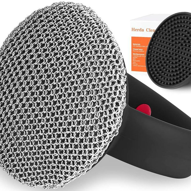Cast Iron Cleaner Brush with Handle, Soldered Fine Chainmail Scrub Brush+Tray - Small Ring Chain Link Pan Pot Scrub Metal Brush to Clean Iron Skillet Steel Wool Scrubber Stainless Steel Cleaner Sponge