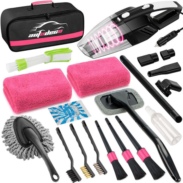 AUTODECO 20Pcs Car Cleaning Wash Kit Interior Detailing Cleaner Kit with High Power Handheld Vacuum, Brush Set, Windshield Tool, Gel, Duster, Towels, Complete Car Care Tools, Pink