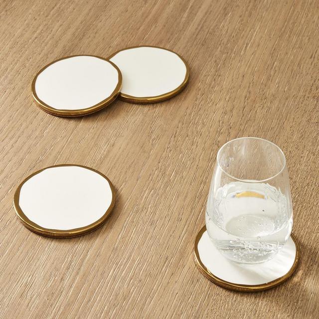 Gilded Edge Ceramic Coasters, White with Gold, Set of 4