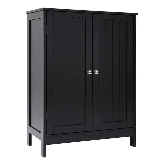 IWELL Black Bathroom Floor Storage Cabinet with 2 Shelf, 3 Heights Available, Free Standing Kitchen Cupboard, Wooden Storage Cabinet with 2 Doors, Office Furniture