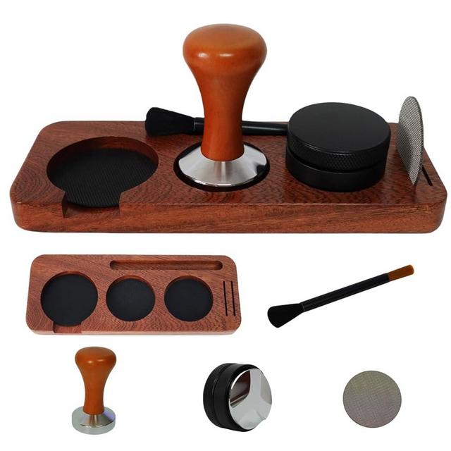 Espresso Machine Accessories,5pcs Espresso Tamper Kit,54mm Coffee Tamper Fits Breville Espresso Machine Portafilters Tools Set,Sapele Wood Tamping Station with Tamper,Leveler,Brush and Puck Screen