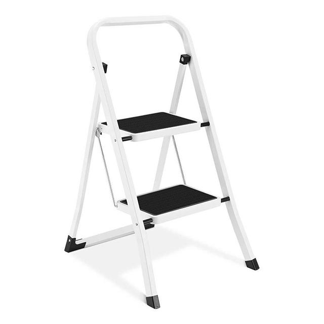 2 Step Ladder, Lightweight Folding Step Stools for Adults, Anti-Slip Pedal, Portable Sturdy Steel Ladder with Handrails, Perfect for Kitchen & Household, 330 lbs Capacity, White