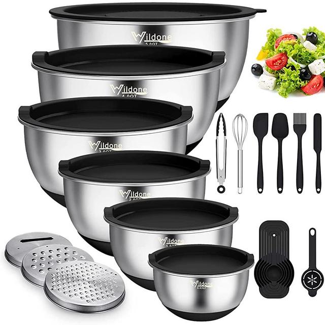 Mixing Bowls with Airtight Lids, 22 PCS Stainless Steel Metal Bowls by Wildone, 3 Grater Attacments, Measurement Marks & Non-Slip Bottom, Size 5, 4, 3, 2,1.5, 0.63QT, Ideal for Mixing & Serving(Black)