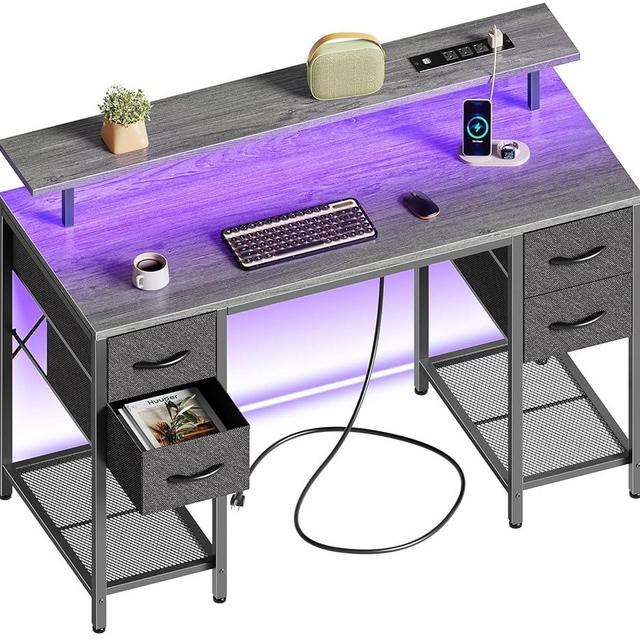 Huuger 47 inch Computer Desk with 4 Drawers, Gaming Desk with LED Lights & Power Outlets, Home Office Desk with Large Storage Space for Bedroom, Work from Home, Gray