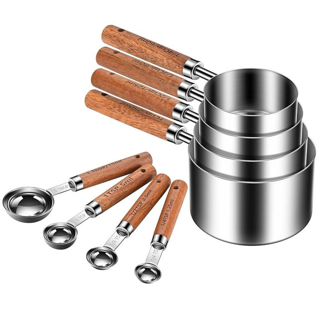 Wooden Handle Measuring Cups and Spoons Set 304 Stainless Steel Metric and US Measurements, Stackable Cups and Spoons, Fits for Measuring Dry and Liquid Ingredients