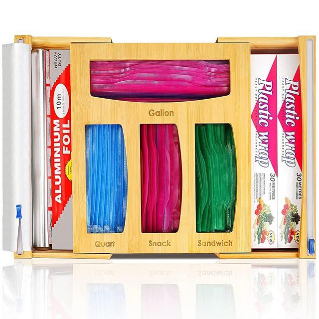 Kitchen Drawer Organizer, Expandable Ziplock Bag Storage Baggie Holder, Plastic Wrap Dispenser with Slide Cutter, Suitable Gallon, Quart, Sandwich, Snack Bag, and 12.9" Aluminum Foil & Wax Paper