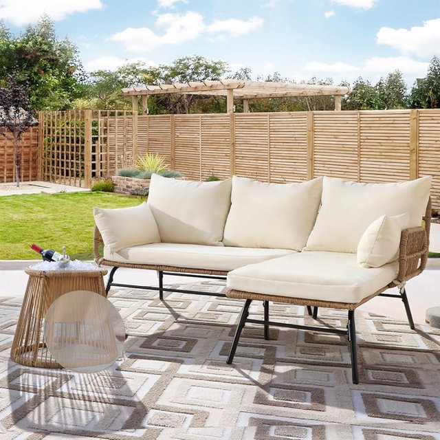 NICESOUL Boho 3-Piece L-Shaped Outdoor Patio Furniture Set with Comfy 2" Thickened Cushion, High Back 500LB Capacity Wicker Lounge Sectional Sofa w/Ice Bucket for Porch Balcony Deck Garden, Beige