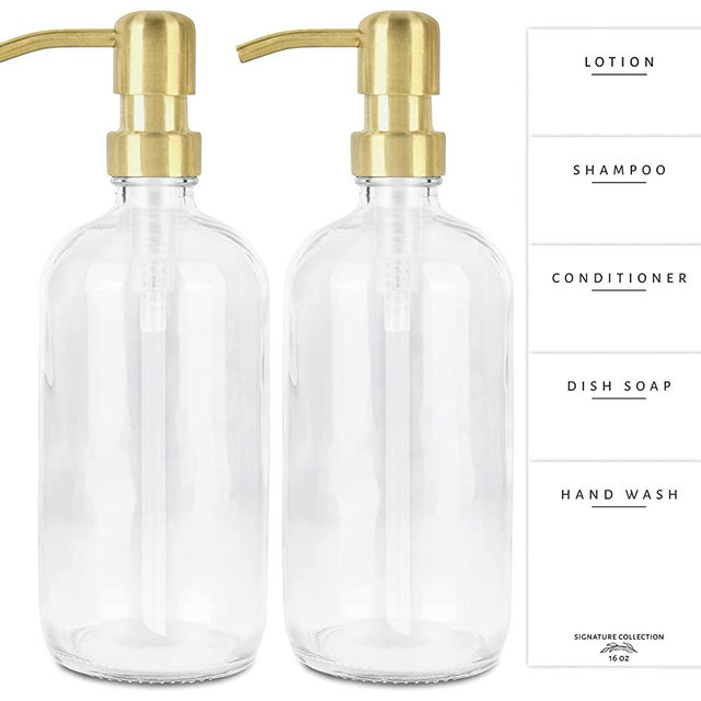 Emerson Essentials Glass Soap Bottle Dispensers, 2 Pack, Rustproof Stainless Steel Pumps, Hand Set for Bathroom Kitchen Sink with Liquid Refillable Lotion Jars, 16 Ounce, 5 Waterproof Labels – Clear