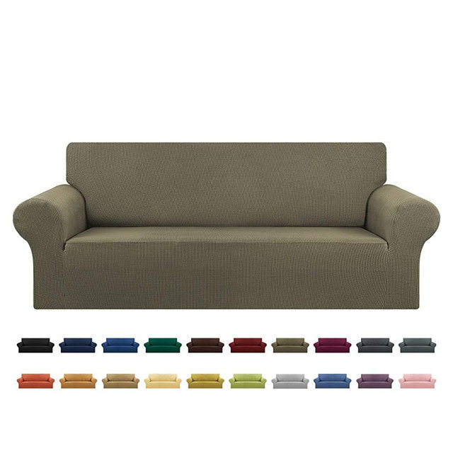KEKUOU Stretch Sofa Cover Slipcover 1 Piece Couch Sofa Cover (79"-94") Furniture Protector 3 Seater Sofa with Elastic Bottom for Kids,Pet.Jacquard Small Checked Pattern Fabric(Large,Khaki)
