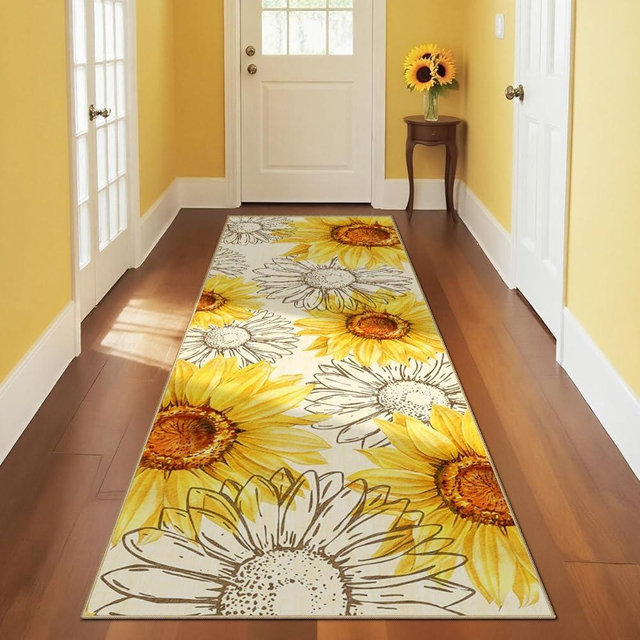 AooHHooA Sunflower Runner Rug 2x8 Yellow Rustic Floral Rug with Non-Slip Backing Washable Runner Rugs for Kitchen Hallway Laundry Entryway