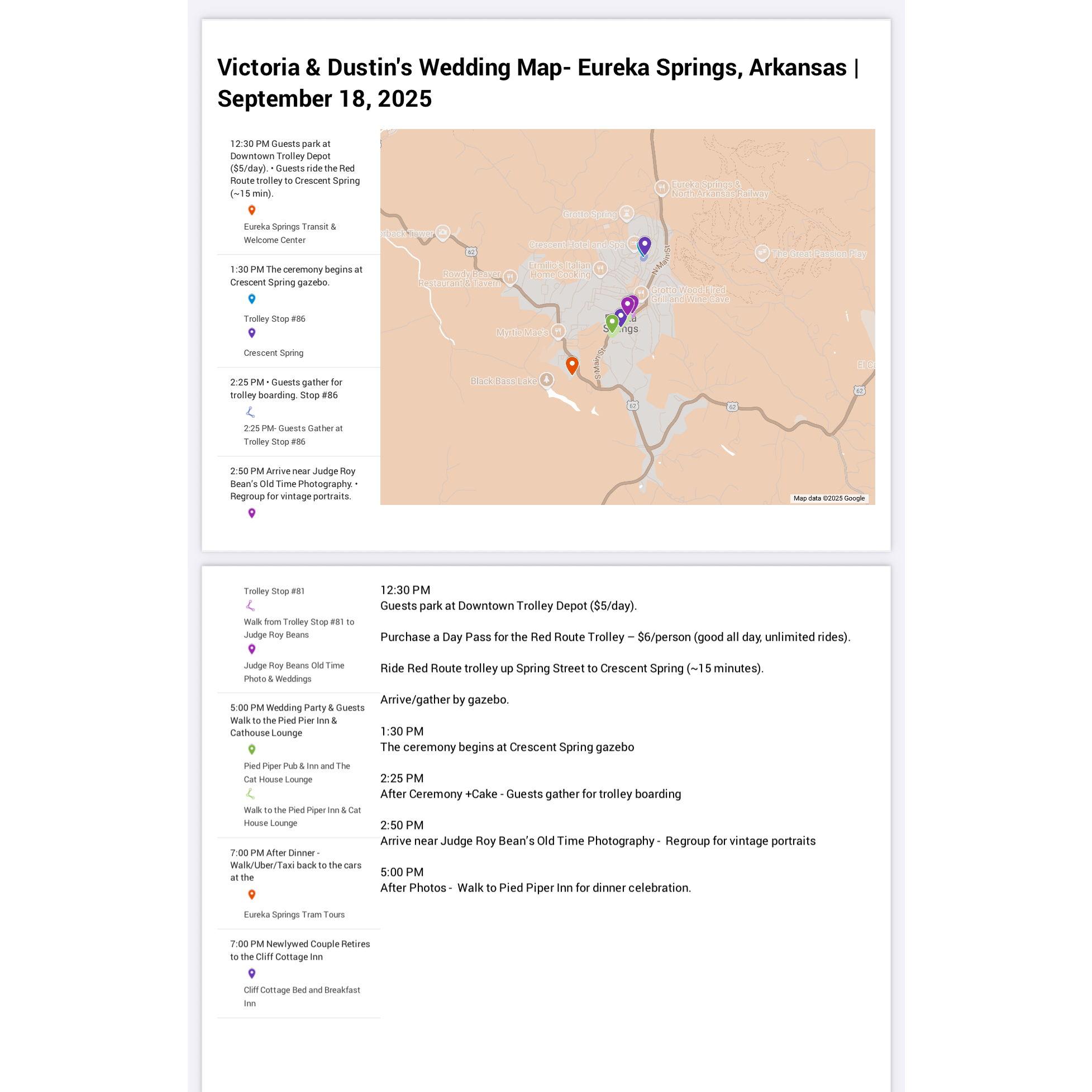 Full Map with Directions | Our full wedding day route: parking, trolley, Crescent Spring ceremony, photos at Judge Roy Bean’s, and dinner at Pied Piper.