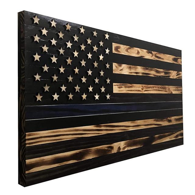 36"x19" Wood “Thin Blue Line” American Flag with 3-D Raised Stars for Law Enforcement and Police Officers. Veteran made in Arkansas - Wooden Rustic Home Décor - Farmhouse Wall Art