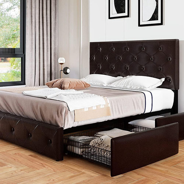 Allewie Queen Bed Frame with 4 Storage Drawers and Adjustable Height Headboard, Faux Leather Diamond Button Tufted Design, Mattress Foundation with Wooden Slats, No Box Spring Needed, Black-Brown