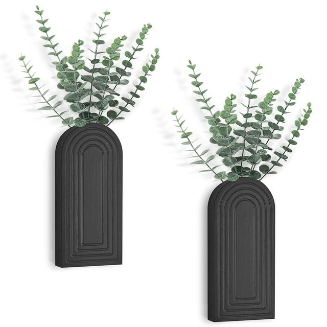 Dahey Wood Wall Planter Vase with Artificial Eucalyptus, 2 Pack Hanging Planter for Indoor Fake Plants Modern Boho Farmhouse Wall Art Decor for Bathroom Bedroom Kitchen Office Home Decoration, Black