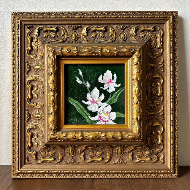 Signed Oil Painting Pink Orchids Ornate Gold Gilt Victorian Style Frame
