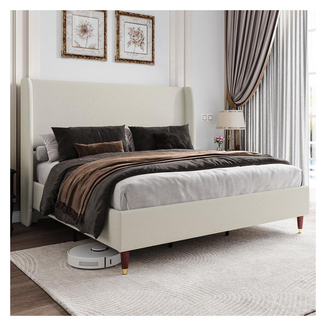 AMERLIFE 51.2" Queen Bed Frame for Adult,Upholstered Bed Frame with Wingback Headboard,Brown