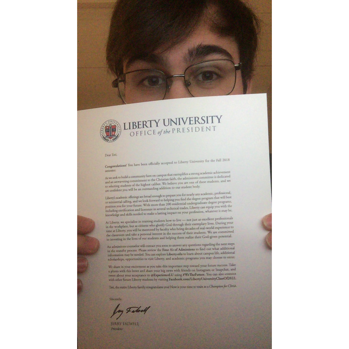 When Trei was accepted to Liberty!