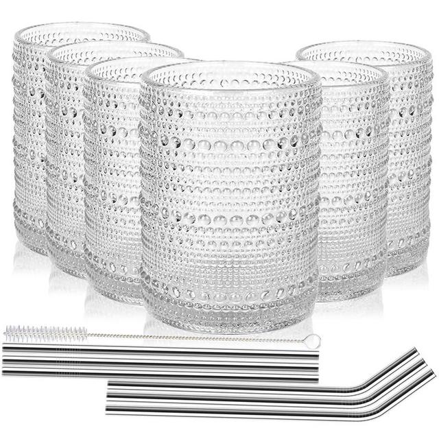 WYIPOLZI 15 OZ Hobnail Drinking Glasses Set of 6, Embossed Glass Tumblers Highball Glasses Cups Clear Vintage Glassware Set for for Juice, Beer, Cocktail and Various Mixed Drinks