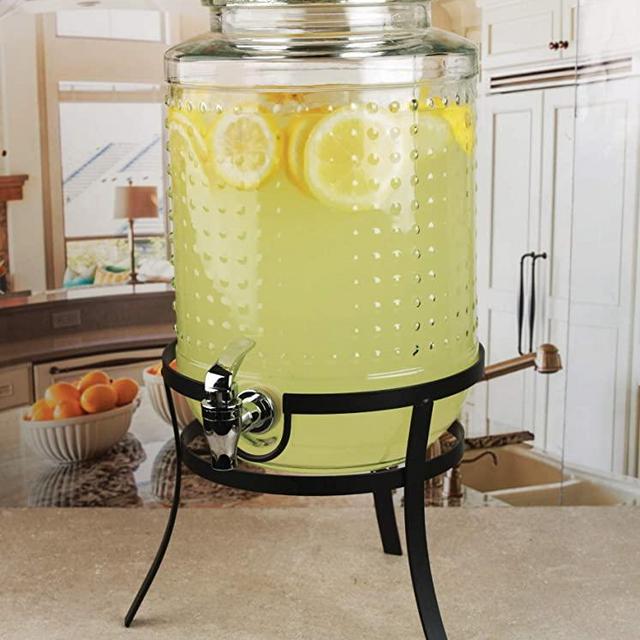 Circleware Vintage Dots Beverage Dispenser with Metal, Glass Lid & Handle, Fun Party Home Entertainment Glassware Water Pitcher for Juice Drinks, Cold Beer, 1.9 Gallon, Hobnail-Stand