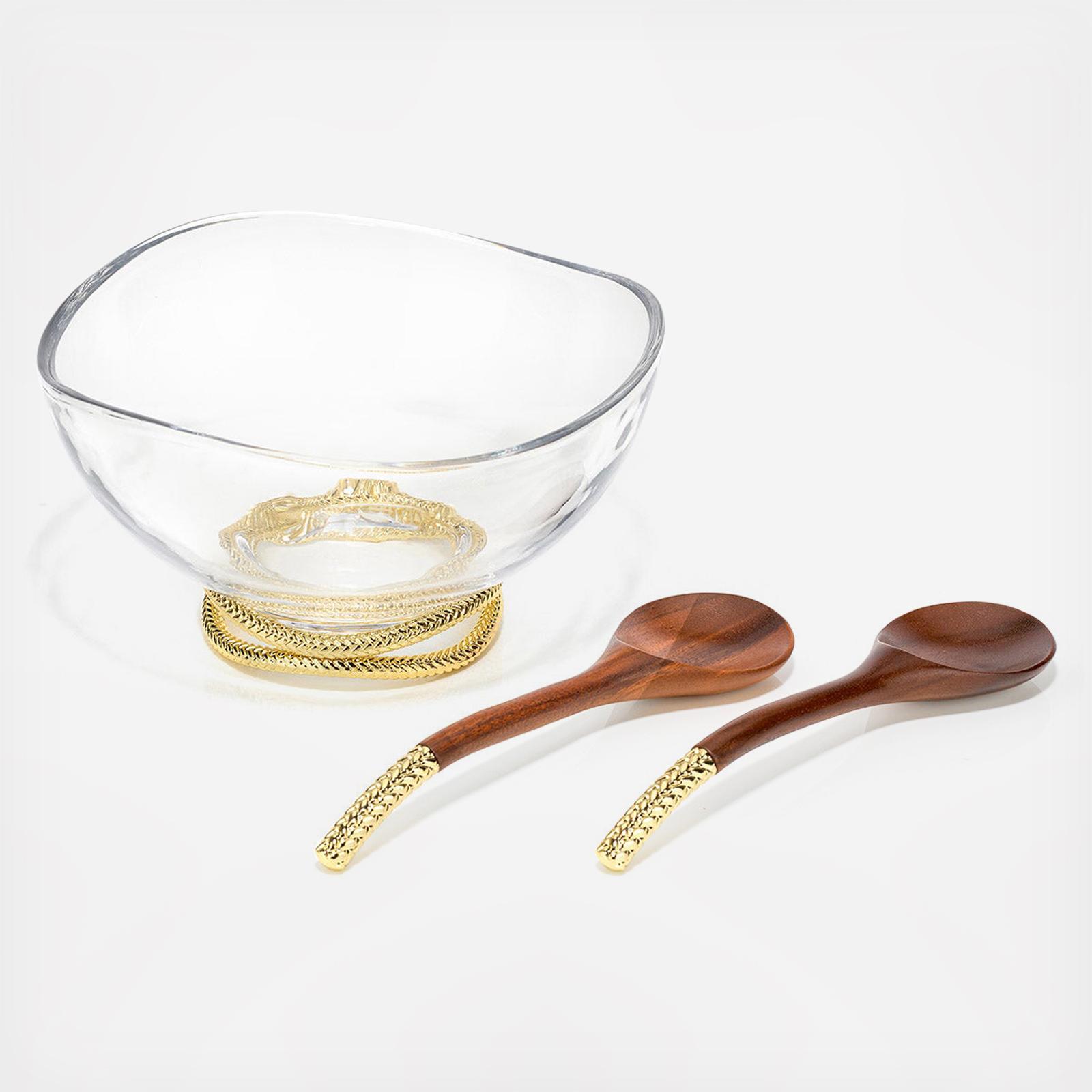 Braid Gold Glass Salad Bowl with Servers - Thumbnail 4