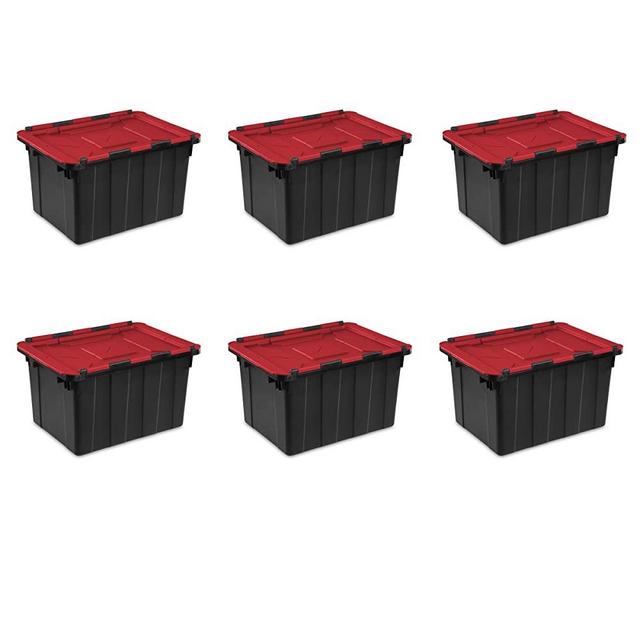 STERILITE 14619006 12 Gallon/45 Liter Hinged Lid Industrial Tote, Racer Red Lid w/Black Base, 6-Pack
