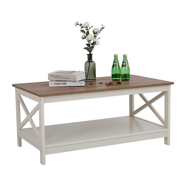 Sophia & William Coffee Table Rustic Cocktail Table with Storage Shelf, Wood Look Accent Furniture for Living Room, Ivory +Oak