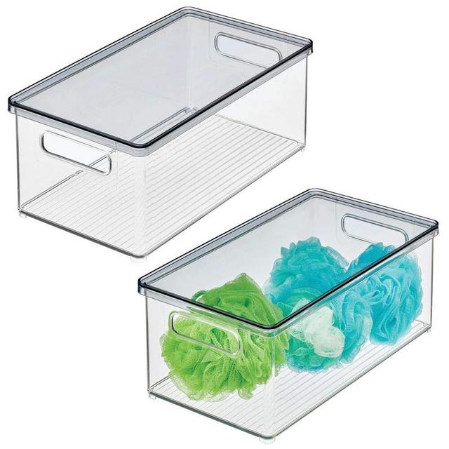 mDesign Plastic Stackable Storage Container Bin Box, Removable Lid, Handles - Bathroom Cabinet Organizer for Toiletries, Makeup, First Aid, Accessories, Soap, Loofahs, Bath Salts, 2 Pack - Clear/Smoke