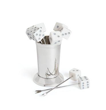 Dice Olive Picks in a Polished Nickel Cup