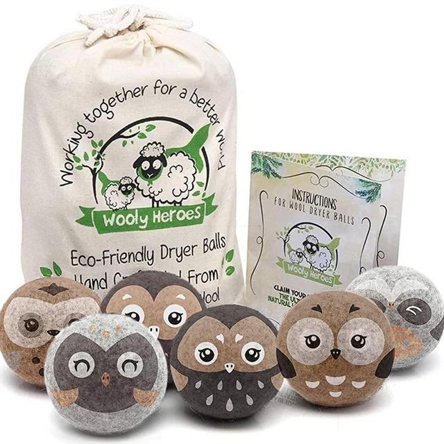 Wooly Heroes Wool Dryer Balls - Organic Eco Friendly - 6-Pack XL ~ Reusable Fabric Softener ~ with Free Natural Laundry eBook (Owl & Friends)