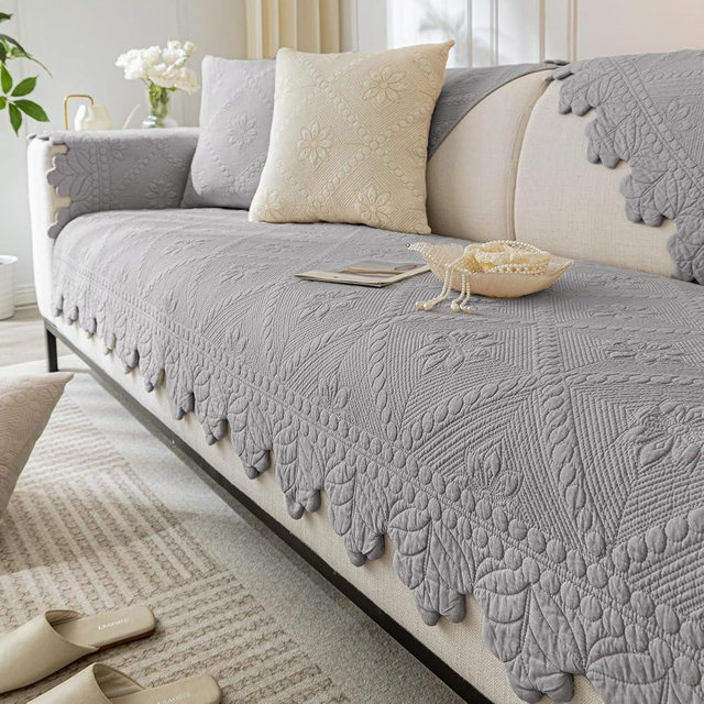 XSlive Cotton Quilted Dog Couch Cover for Sofa Farmhouse Rustic Embroidery Sectional Couch Cover Soft Anti-Slip Sofa Slipcover Furniture Protector for Kids, Pets (Grey,28"x70")