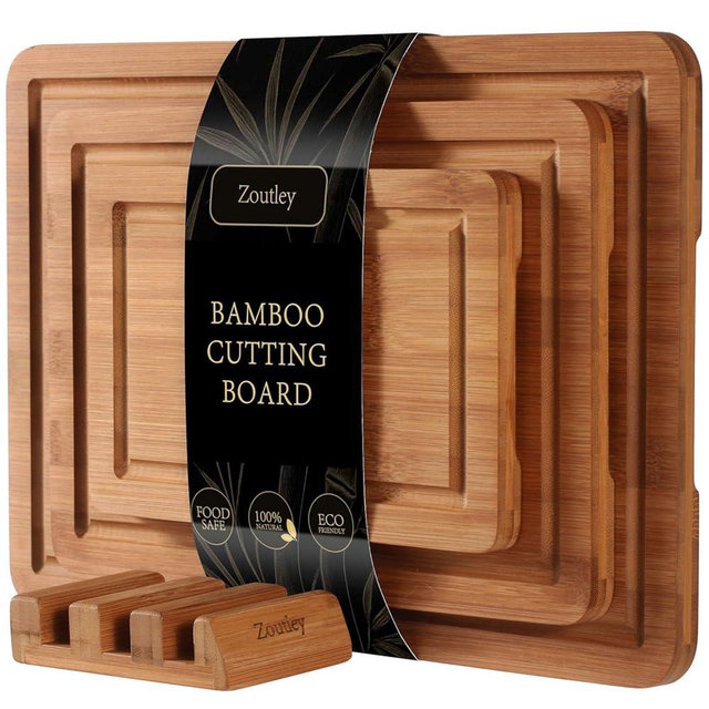 Zoutley 3-Piece Deep Carbonized Bamboo Cutting Board Set with Vertical Drying Stand | Wooden Chopping Boards for Kitchen | Extra Deep Juice Grooves & Easy-Carry Side Handles | Gift-Ready