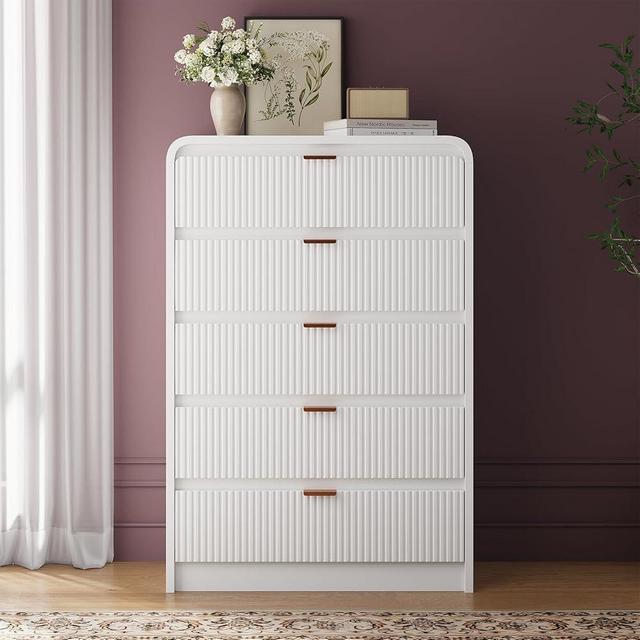 FURSUN Fluted 5 Drawers Dresser for Bedroom, 48" Tall Wooden Modern Dresser with Metal Handle, Curved Profile Design, Storage Organizer for Bedroom, Living Room, Hallway, White