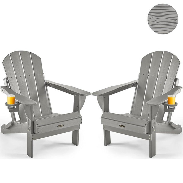 Ciokea Folding Adirondack Chair 2 Pack, Patio Adirondack Chair Weather Resistant, Plastic Fire Pit Chair with Cup Holder, Lawn Chair for Outdoor Porch Garden Backyard Deck (Grey)