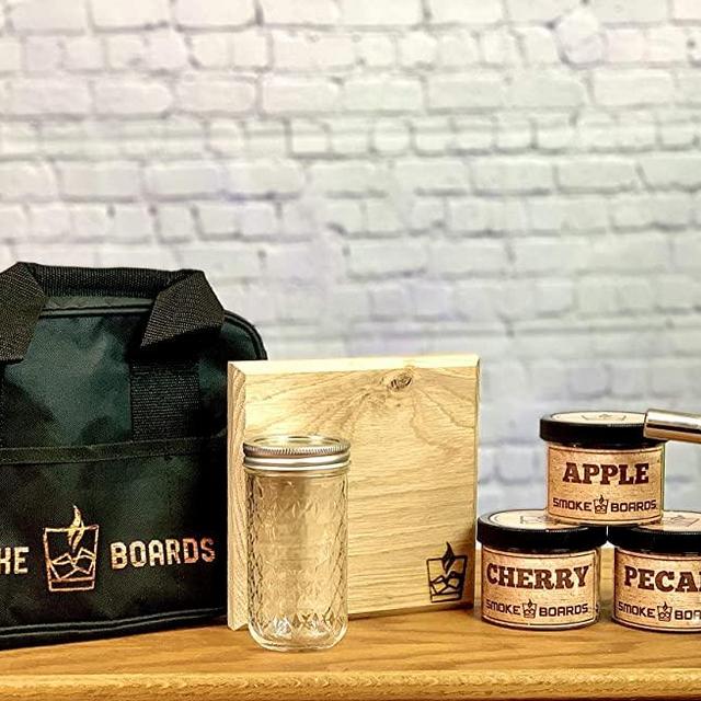Smoked Cocktail Kit. The only complete 7 Piece Home Bartending cocktail smoker with carrying case & torch included! Handcrafted White Oak Smoking Board from Whiskey Barrel with 3 different wood chips.