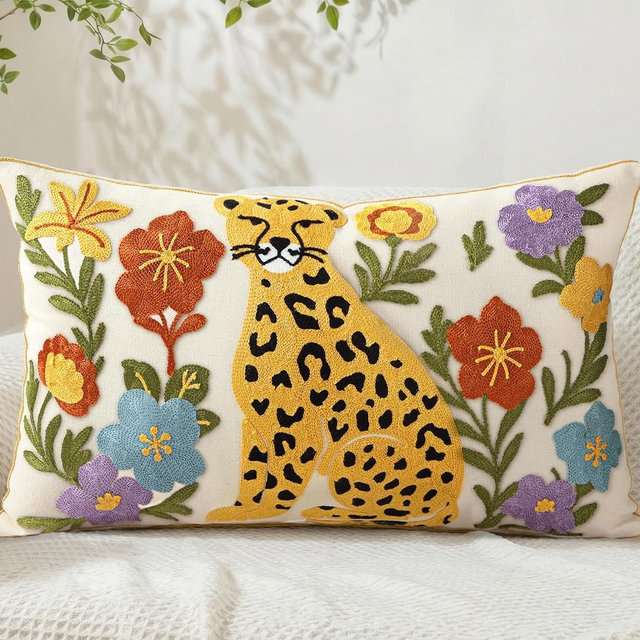 Kokaaee Embroidered Lumbar Pillow Cover 20x12 Inch - Summer Boho Decorative Pillow Cover with Zipper for Couch Sofa Living Room Farmhouse Cushion Pillowcase, Leopard Floral