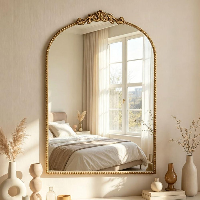 FSCHOS 24"×36" Arched Gold Wall Mirror, Vintage Ornate Decorative Mirror with Antique Metal Frame, Large Accent for Bedroom, Living Room, Entryway