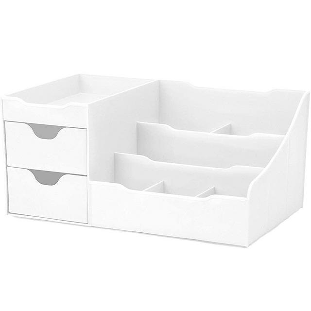 Uncluttered Designs Makeup Organizer With Drawers — Chic Countertop Storage for Cosmetics — Elegant Vanity Holder for Brushes, Eyeshadow, Lotions, Lipstick, Nail Polish and Jewelry (White)