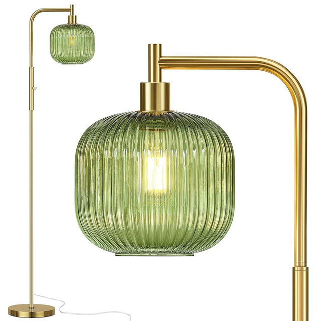 QiMH Glass Floor Lamp for Living Room, Modern Standing Lamp with Green Ribbed Glass Lampshade Rotary Switch, 67” Tall Lamp for Bedroom Home Decor, Brushed Gold