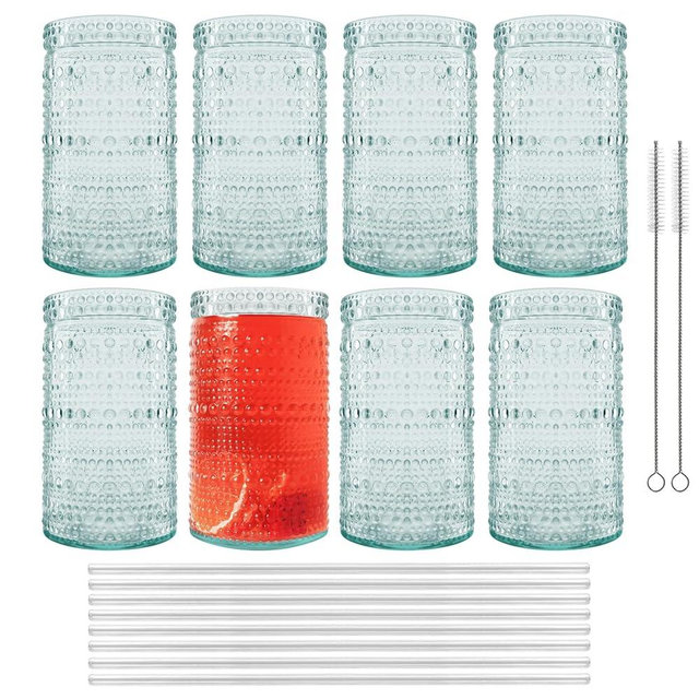 Hobnail Drinking Glasses Set of 8-16oz Handmade Vintage Style Recycled Glass Beaded Cups - For Whiskey, Wine, Cocktails - Vintage Drinking Glasses
