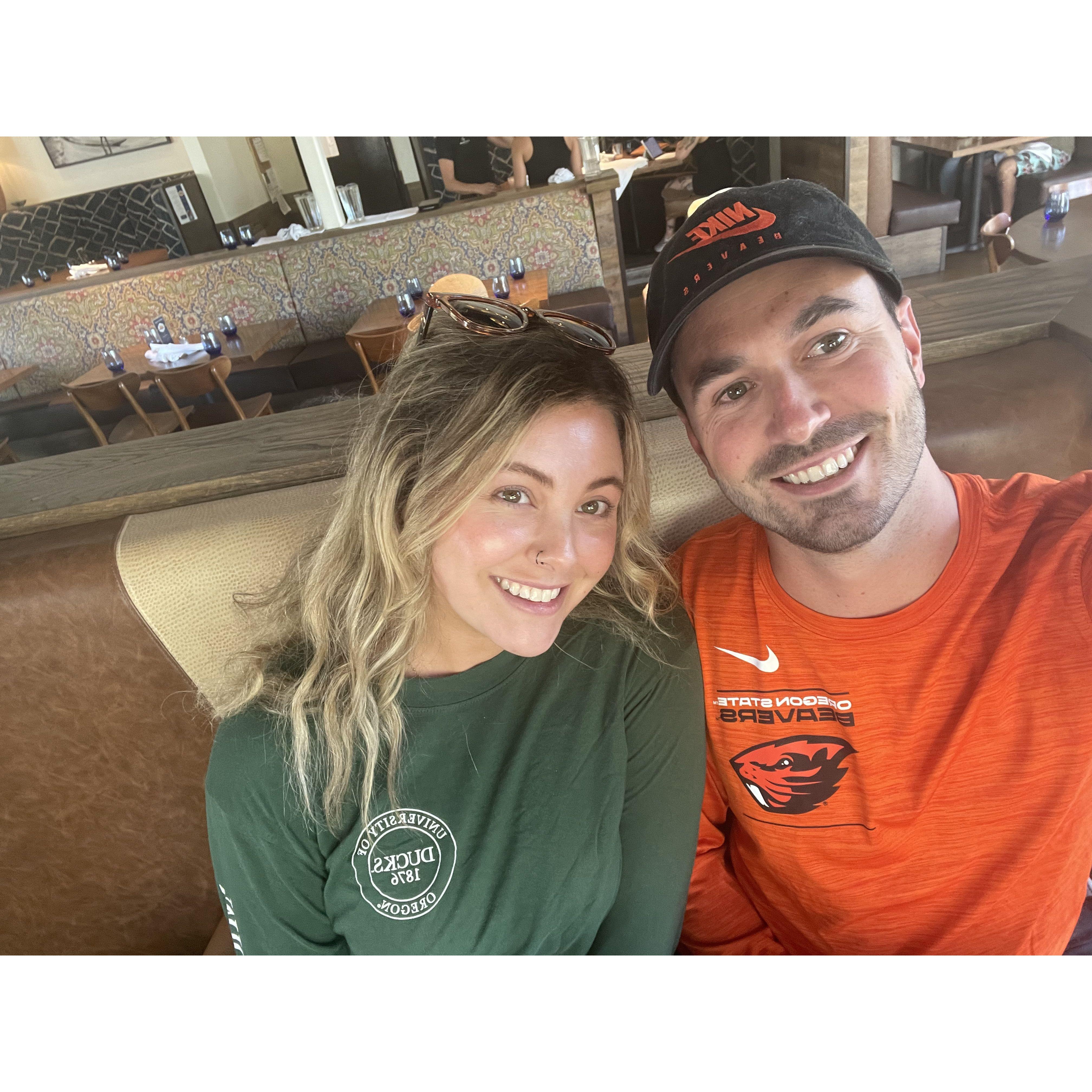 At one of our favorite restaurants and bars near us to watch both the Ducks and Beavers play!