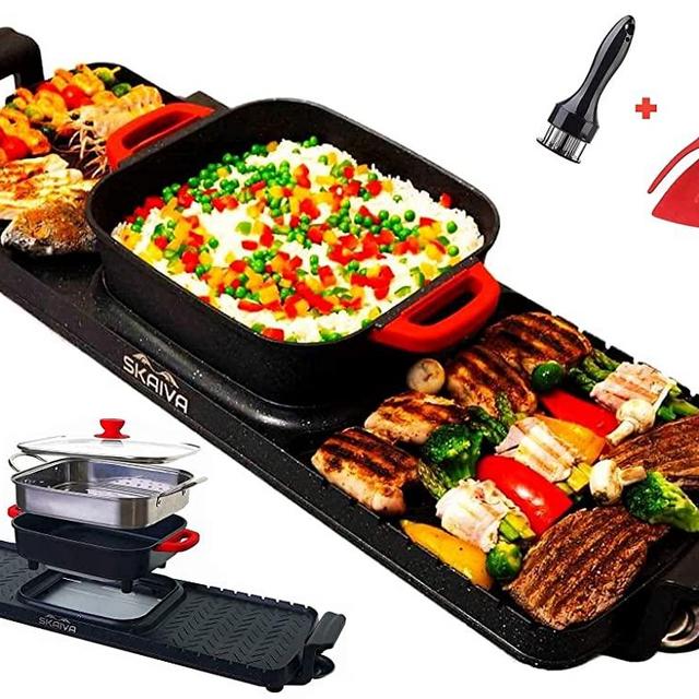 SKAIVA 3 in 1 Electric Smokeless Grill and Hot Pot with Steamer, Detachable Shabu Shabu Hot pot Electric, Indoor Korean BBQ Grill, Non-Stick KBBQ Hotpot Grill Combo