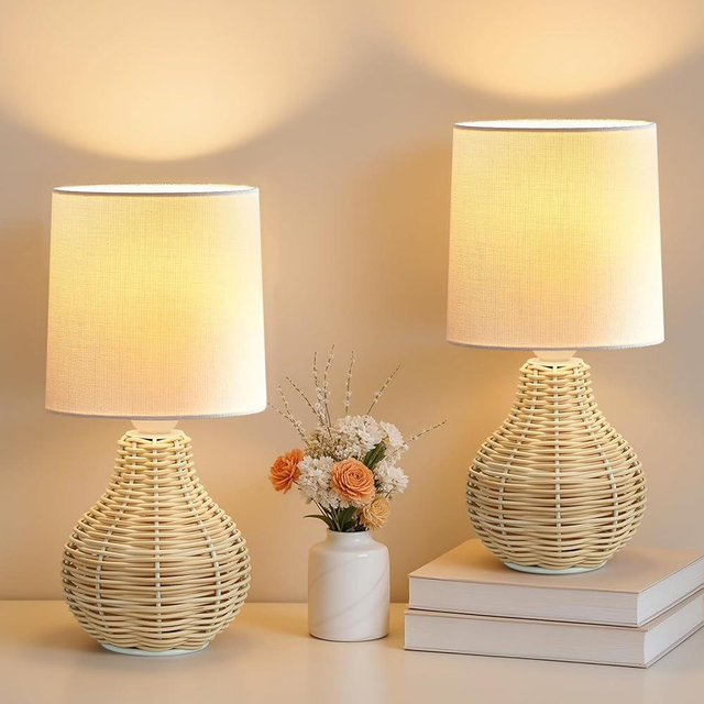 EJIAXIN Rattan Table Lamp Boho Lamps Set of 2-12.5" Mini Farmhouse Wicker Light Rustic End Table Decorative Small Lamps for Small Spaces Bedroom Nightstand Living Room Reading Desk Side Table Lamp