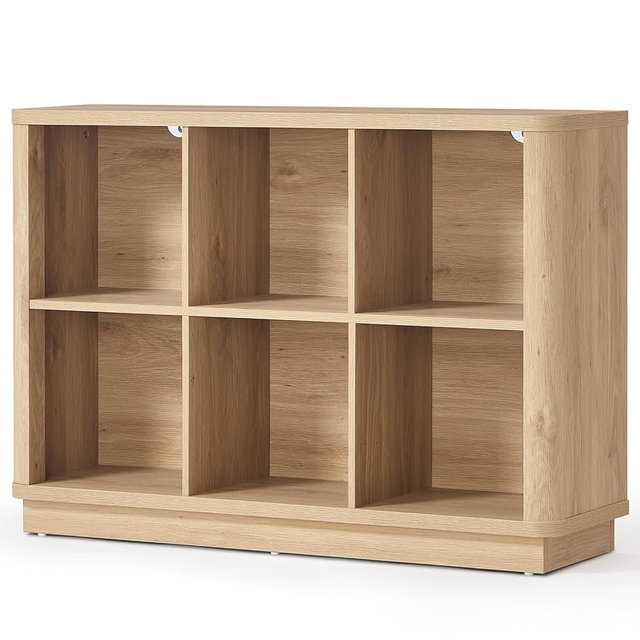 Joaxswe 6 Cube Storage Book Shelf, 40" Wide Low Horizontal Bookcase with Curved Edge, Floor Standing 2-Tier Wooden Bookshelf with Base, Modern Short Book Case for Bedroom, Study, Entryway, Natural Oak