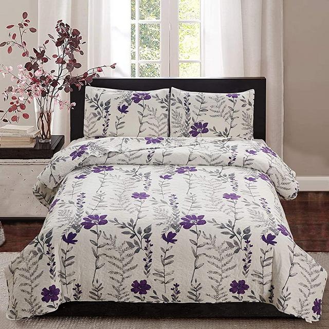 Floral Quilt Set Queen/Full Size Lightweight Bedspread Purple Floral Bedspread Set Floral Quilts Grey Leaves Garden Bedspread Floral Coverlet Set Reversible Floral Bed Set Print Bedspread Flower Quilt