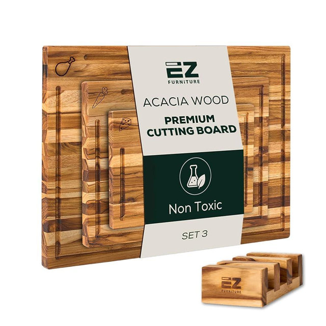 EZ FURNITURE Set of 3 Acacia Edge Grain Cutting & Charcuterie Boards with Extra Stand, Reversible Knife-Friendly Wooden Design with Juice Groove & Handles, Non-Toxic, Gift Box Included