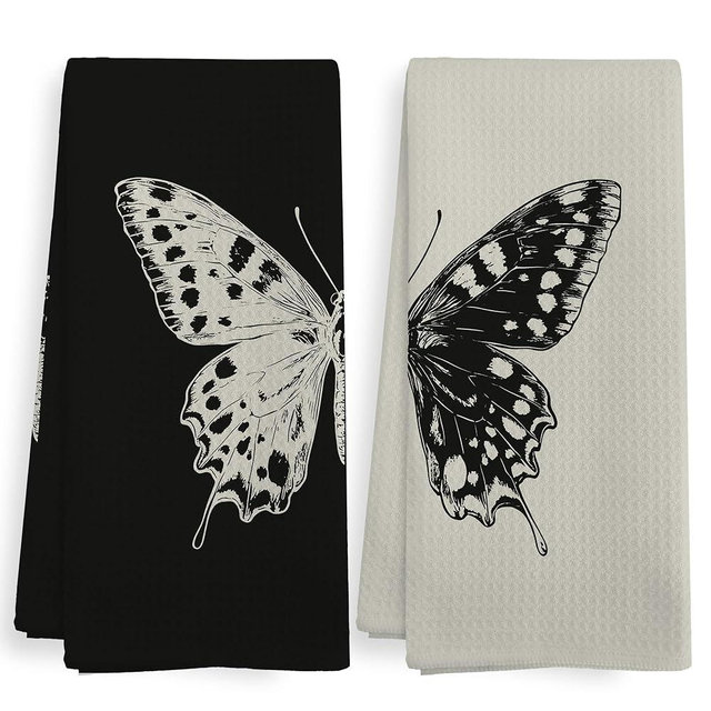 XNXLDYLH Boho Butterfly Kitchen Towels and Dishcloths Sets of 2, Moody Dark Cottagecore Academia Butterfly Bathroom Decor, Black Beige Moth Decor Dish Hand Tea Towels for Bathroom Kitchen, 16x24 Inch