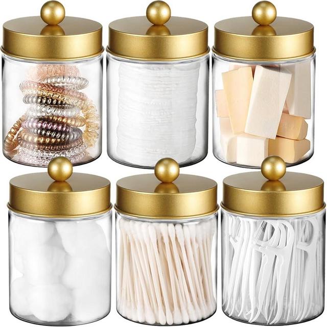 Qtip Holder Dispenser - 8 oz Clear Plastic Apothecary Jar Containers for Vanity Makeup Countertop Organizer Storage -Bathroom Canister Accessories Set for Cotton Swab, Ball, Pads, Floss-Gold (6)